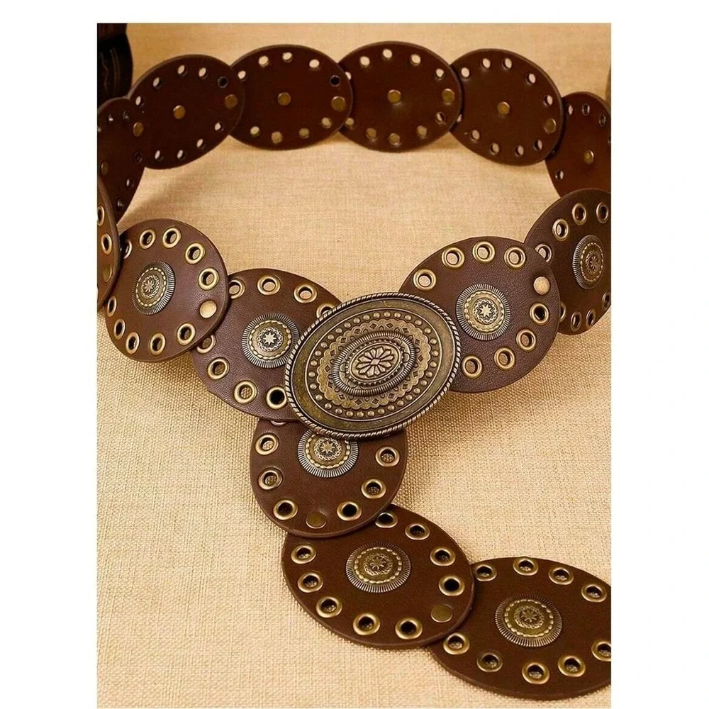 Womens Boho Brown Leather Wide Circle Disc‎ Studded Belt Antique Gold Buckle
